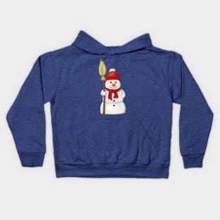 Cartoon style drawing of a funny snowman with a red bonnet and scarf Kids Hoodie